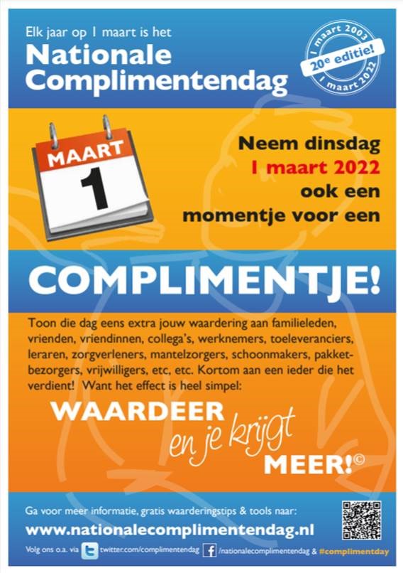 Dinsdag 1 maart - 20e editie van de Nationale #Complimentendag. Download nu de poster via nationalecomplimentendag.nl
#compliment #positief