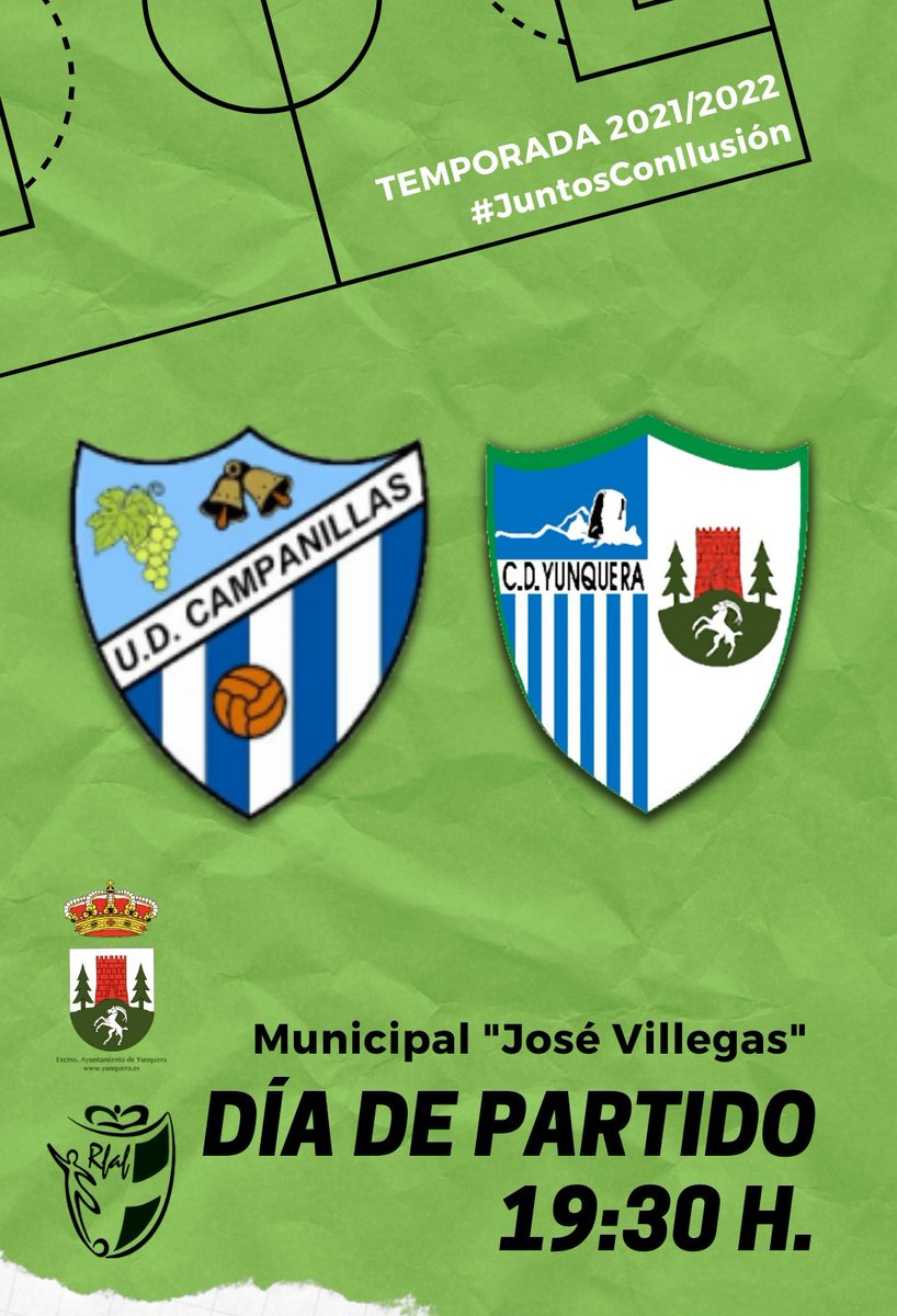 CDFYunquera's tweet photo. ⚽🔵 ¡HOY JUGAMOS! 🔵⚽

🆚 C.D. Campanillas
⌚ 19:30
🏟 Campo Municipal "José Villegas" - Campanillas

#vamosyunquera #juntosconilusión https://t.co/RvUtERZ3Qe