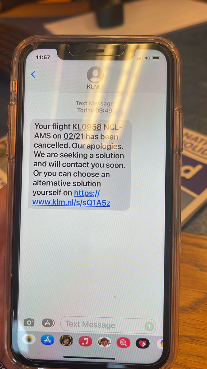 emilyjadebell's tweet photo. @KLM could we please have an update asap? My mum and dad are meant to fly to Newcastle to Amsterdam and then Amsterdam to Newcastle tomorrow and we have heard nothing since this text!!! https://t.co/v5daxiNx4c