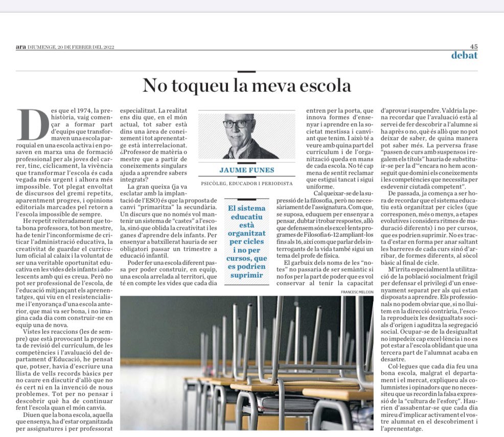 coralregi's tweet photo. Cal llegir @JaumeFunes avui a @diariARA una escola per a tots no baixa nivells sinó que dona oportunitats a tot l’alumnat. Tenim moltes escoles i molts professionals compromesos en aquesta transformació que ha d’arribar a tots!! @futurseducacio @jesteveg @JosepMVilalta @evallory https://t.co/tly1h9zCWo
