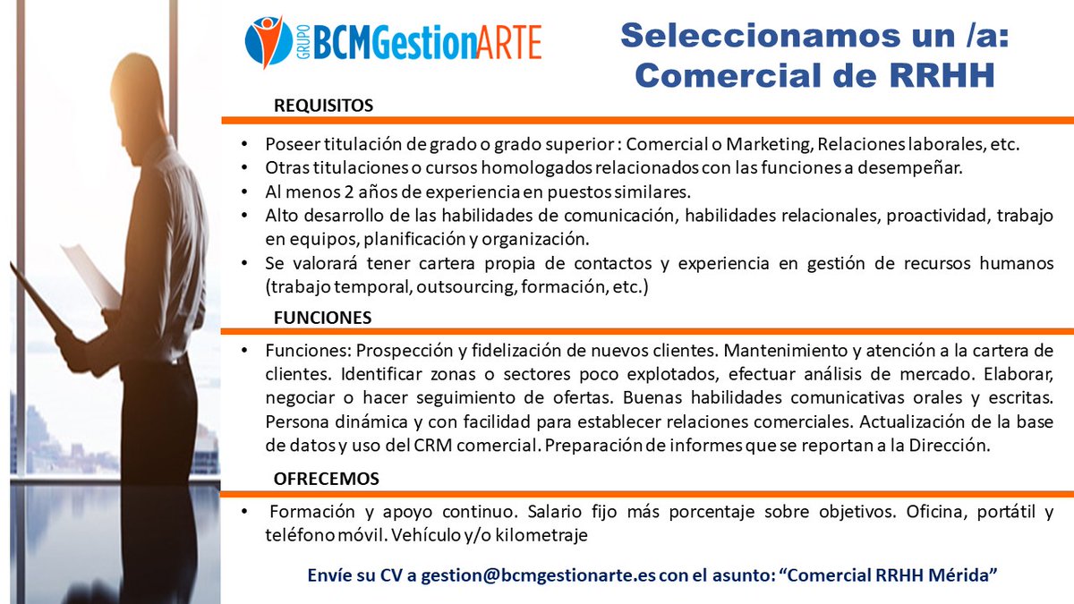 Desde Grupo BCMGestionARTE seleccionamos para empresa de Mérida, un/a Comercial de Recursos Humanos.
facebook.com/photo/?fbid=10…