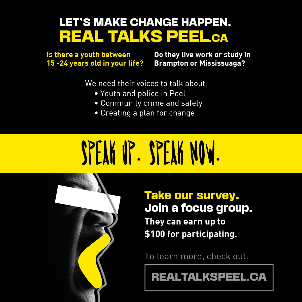DEADLINE EXTENDED to February 28. Youth. Police. Peel. We need youth 15-24 yr. old in Mississauga or Brampton to take survey and join focus group.  Youth can earn volunteer hours and $100 Limited spaces. Please SHARE. To learn more visit Real Talks Peel realtalkspeel.ca