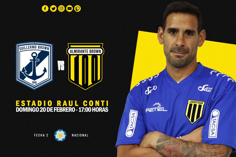 Club_AlteBrownE's tweet photo. Today plays Almirante Brown!
π @BrownDeMadryn
π RaΓΊl Conti
π 17:00 hours
π€ CΓ©sar Ceballo
π» @TyCSportsPlay
#οΈβ£ #LetsGoForEverything
π€π https://t.co/6eWcSyIyua