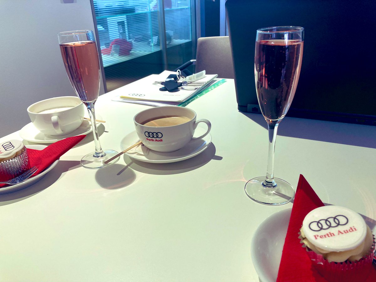 rik_curtis's tweet photo. Can’t beat new car day, that’s how you do a hand over of a car, the Prosecco was non-alcoholic before any one says anything………some machine👌😍 #PerthAudi #A5 #Quattro https://t.co/KTDiF5CKUc