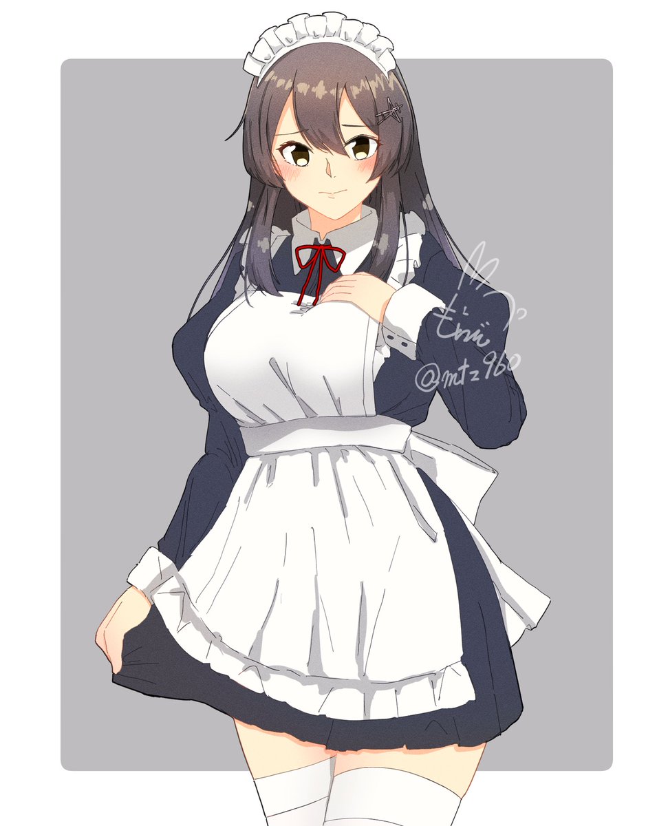 oyashio (kancolle) 1girl solo apron thighhighs white thighhighs alternate costume white apron  illustration images