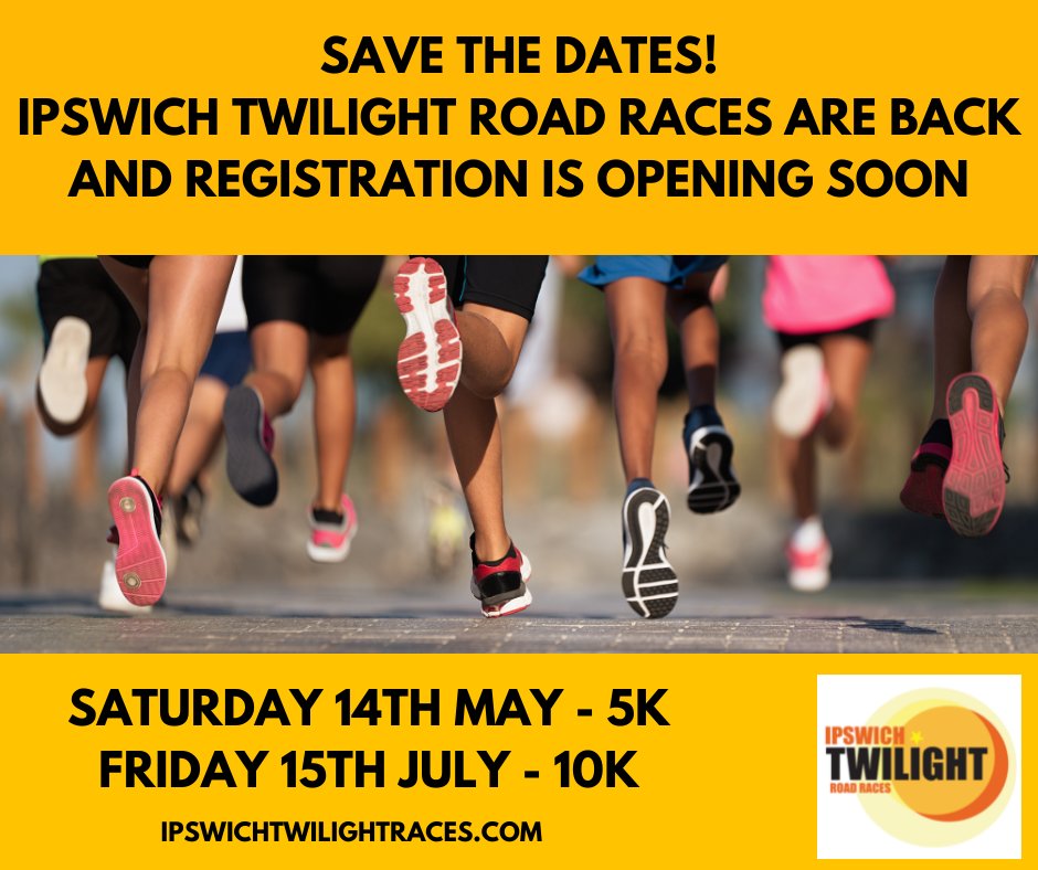 We are delighted to announce that Ipswich Twilight Road Races are back for 2022 🥳

🏃‍♀️ Saturday 14th May - 5k Ipswich Waterfront
🏃‍♂️ Friday 15th July - 10k Ipswich Town Centre

Registrations will be open soon so ensure you get these dates in your diary!

#runipswich