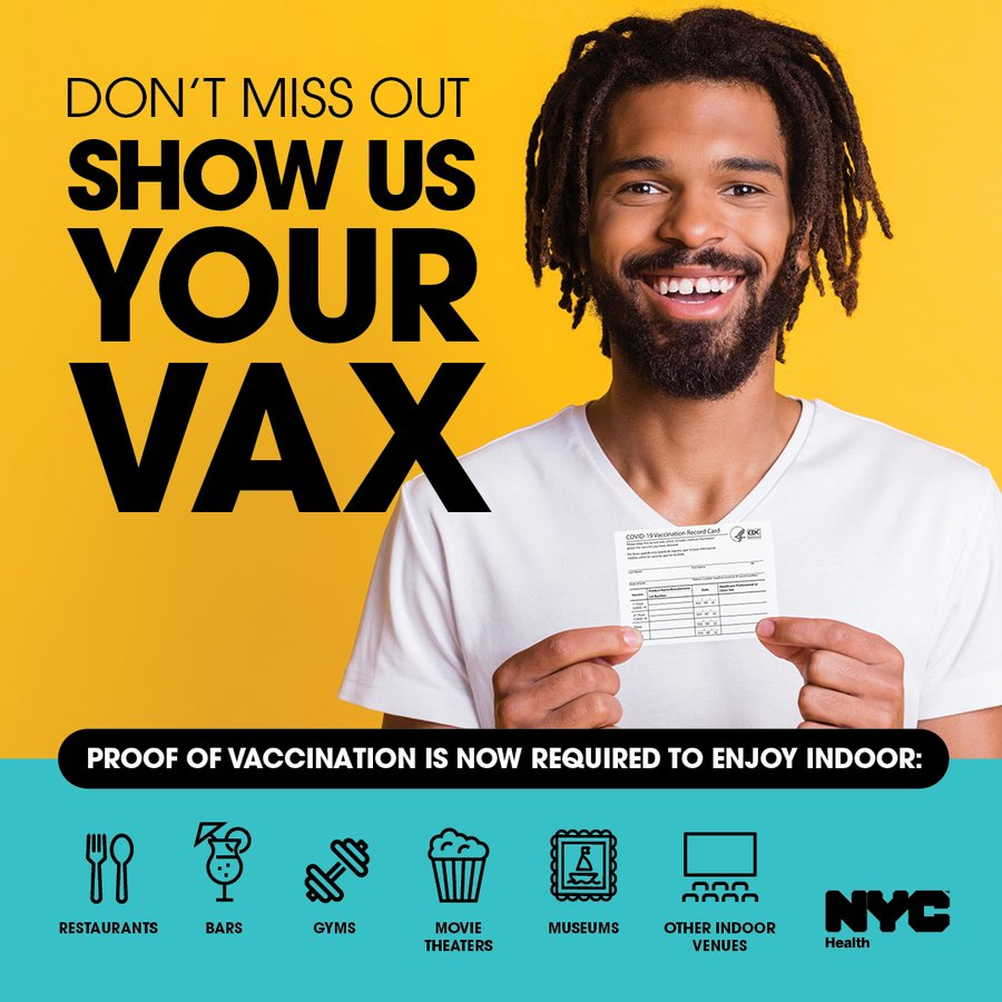 MadeinNY's tweet photo. Being vaccinated is your #KeyToNYC. People 5+ are required to show proof they have received at least one dose of a COVID-19 vaccine to enjoy indoor dining, fitness and entertainment.
Learn more at https://t.co/9mITdyAR3y https://t.co/Qyg8nXZdrt