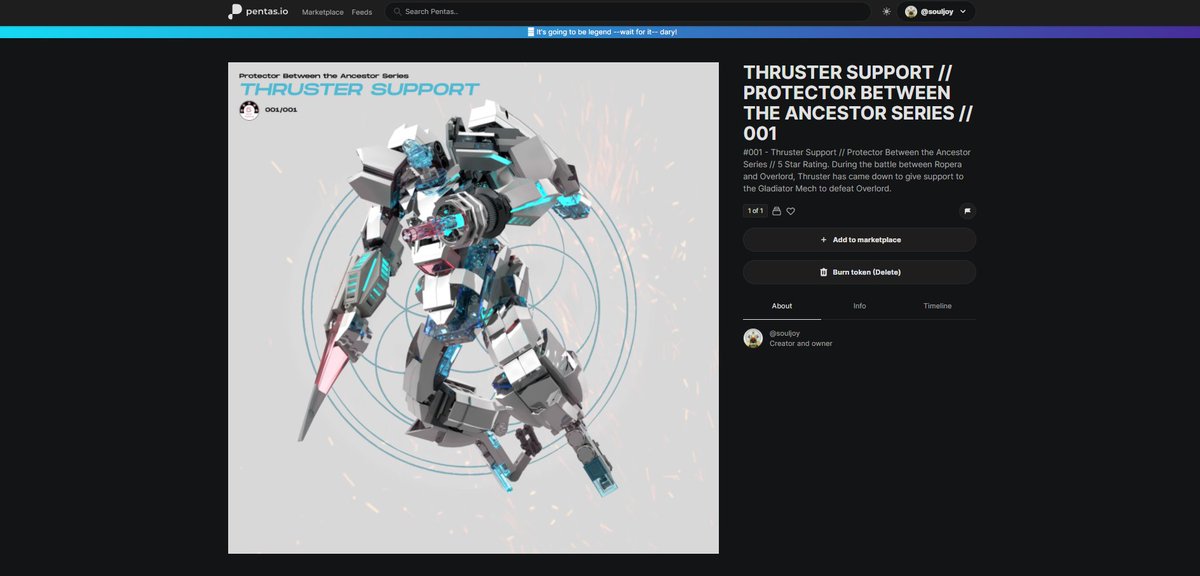 🚨LIVE🚨 THRUSTER SUPPORT IS NOW ON THE MARKETPLACE! LAST DROP FOR VOL.1!

DESC: 5 Star Rating. During the battle between Ropera and Overlord, Thruster has came down to give support to the Gladiator Mech to defeat Overlord.

app.pentas.io/nft/214256

DO RT AND CHECK OUT THANK U!
