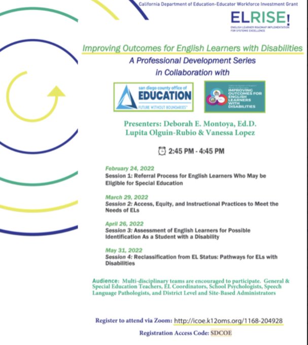 This Thursday <a href="/ImperialCOE/">ImperialCOE</a> <a href="/el_swd/">MuSE - Multilingual Students w/Exceptional Needs</a>, <a href="/SanDiegoCOE/">San Diego County Office of Education</a> partner for the FREE series Improving Outcomes for English Learners with Disabilities.  
Register here: icoe.k12oms.org/1168-204928 
<a href="/NABEorg/">NABE- National Association for Bilingual Education</a> 
<a href="/CalTog/">Californians Together</a>
<a href="/MultilingualCA/">CA Multilingual Education</a>
<a href="/CAellchat/">California ELLChat</a>
<a href="/DualLangChat/">DualLangChat</a>
<a href="/CABEBEBILINGUAL/">CABE</a> 
<a href="/DLeNM/">DLeNM</a> 
<a href="/MABEnortheast/">Multistate Association for Bilingual Education, NE</a>