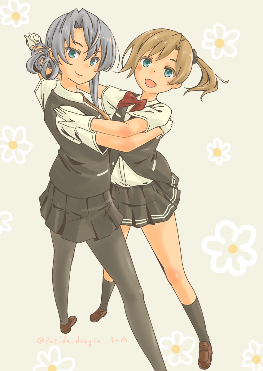 maikaze (kancolle) ,nowaki (kancolle) multiple girls 2girls vest pantyhose skirt gloves asymmetrical hair  illustration images