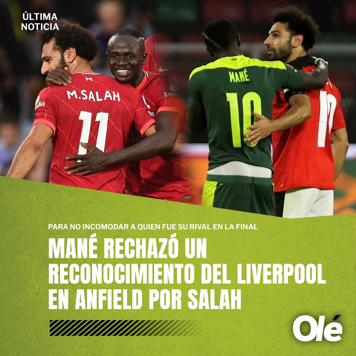 DiarioOle's tweet photo. Mané está en todas 👏👏

😉 El senegalés rechazó un reconocimiento del Liverpool en Anfield por haber ganado la Copa África con Senegal. ¿La razón? Para no incomodar a Mohamed Salah, quien fue su rival en la final. https://t.co/Dc9cHFzqTn