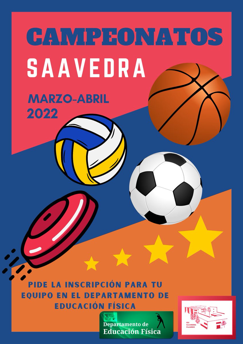 efsaavedra's tweet photo. ¿Quieres participar en los campeonatos de fútbol sala, basket 3x3, ultimate frisbee o volleyball? Pide tu hoja de inscripción en el Departamento de EF. 🏀 ⚽️ todos los cursos; 🏐 🥏 para 4º y 1º bach. @IESSaavedra https://t.co/lJ56TzVjUo