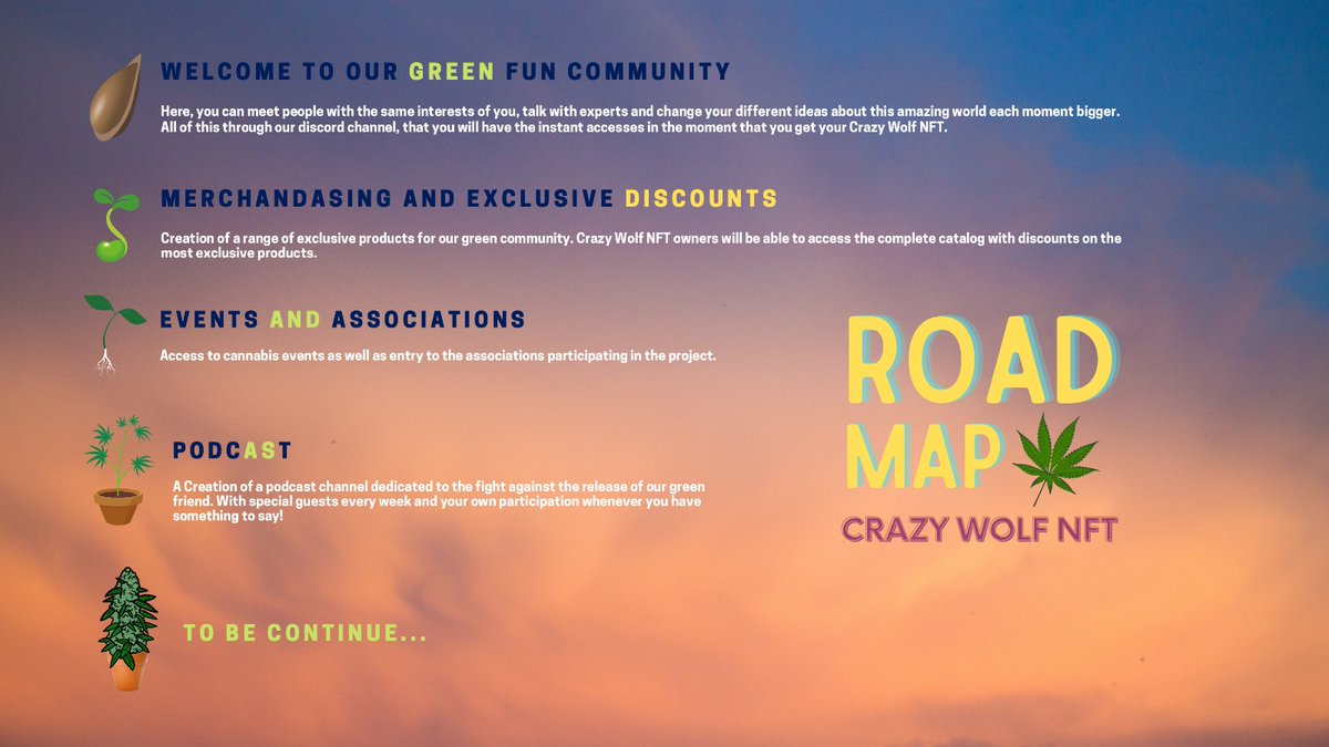 Crazywolf_NFT's tweet image. HERE IS OUR ROAD MAP!!
HELP US MOVING IT AROUND THE WORLD!
RT &amp;amp; FAV 🐺💜
#NFTProject #Fantom #Metaverso #NFTCollection #NFTCommumity #NFTartist #CannabisCommunity #CannabisNFT #roadmap #ProjectCannabis