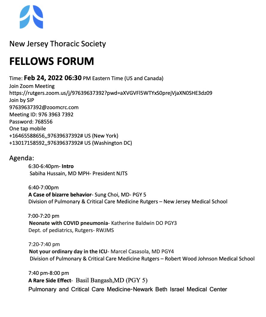 NJThoracic's tweet photo. Only 4 days away from the New Jersey Thoracic Society Fellows Forum! See below for the agenda. Zoom link included. https://t.co/sYbnC5NXY7