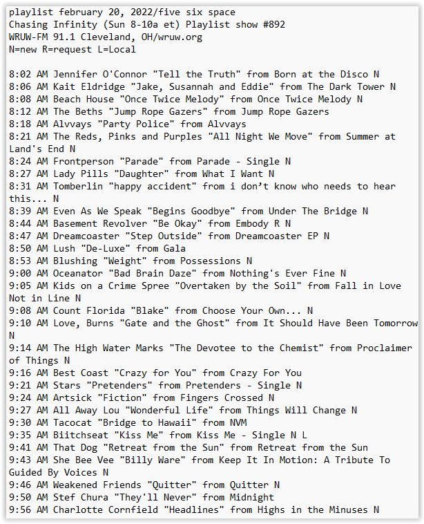 edzeitz's tweet photo. my @WRUW playlist this am feat: @Jennifer_Kiam @bigeyesband @SlumberlandRecs  @frontpersonband @ladypillsmusic @EvenAsWeSpeak @dreamcoasteruk @BlushingBand @oceanator @TheHWMs @BestCoast @artsickband @LouHanman @biitchseat @anam3_nyc @wkndfriends @stefchura @cornfieldmusic+ more https://t.co/1QyAY2FnYs