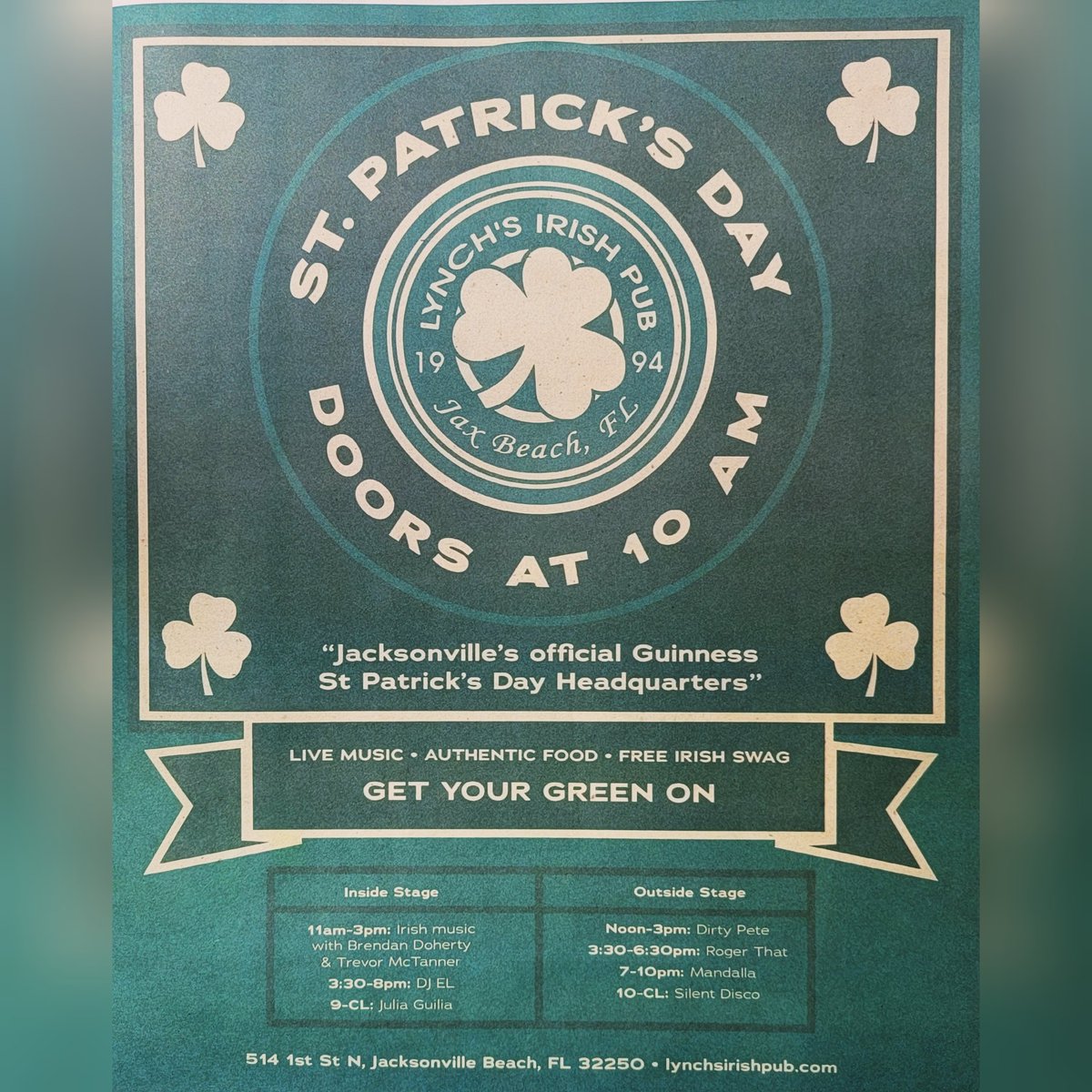 BeachesLocal's tweet photo. Lynch's Irish Pub is the place to be for St. Patrick's Day! ##stpatricksday #lynchsirishpub #brendandoherty #trevormctanner #juliaguilia #dirtypete #rogerthat #mandalla #silentdisco #JacksonvilleBeach #JaxBeach #jaxbeachbars https://t.co/KKTnYh9IAu