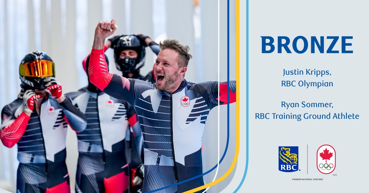 RBC's tweet photo. Congratulations to #RBCOlympian @justinkripps and #RBCTrainingGround grad @ryansoms for their Bronze medal win in the four-man bobsleigh! What an amazing way to close out the Beijing 2022 Winter Olympic Games. #IdeasHappenHere @TeamCanada https://t.co/b8FmVh0kEI