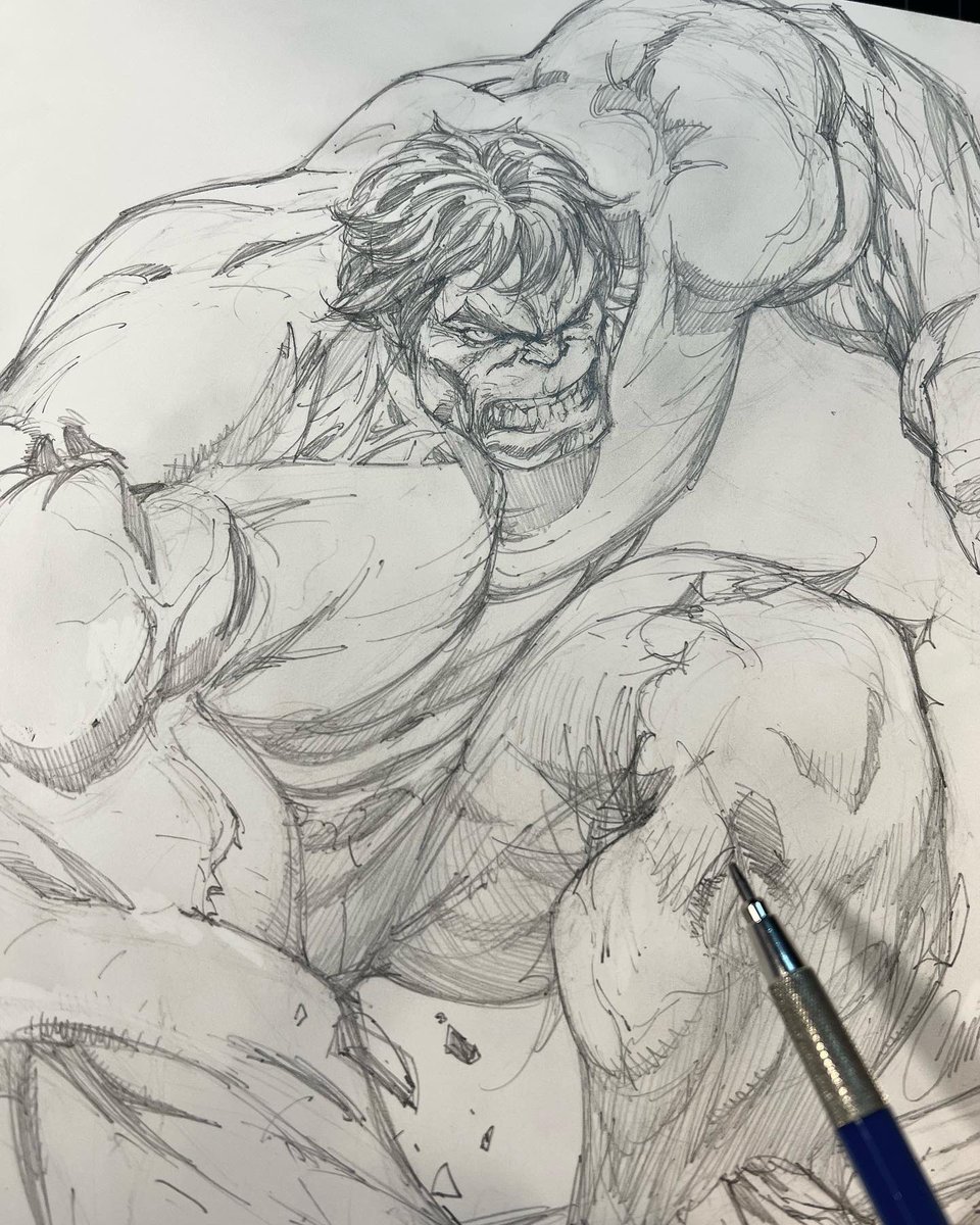 ✏️🖋🫑 Some process shots of my recently announced #HULK 60th anniversary cover ⏪Swipe⏪ to see all! This is the 1st of several big @Marvel anniversary covers coming up throughout the coming year! 