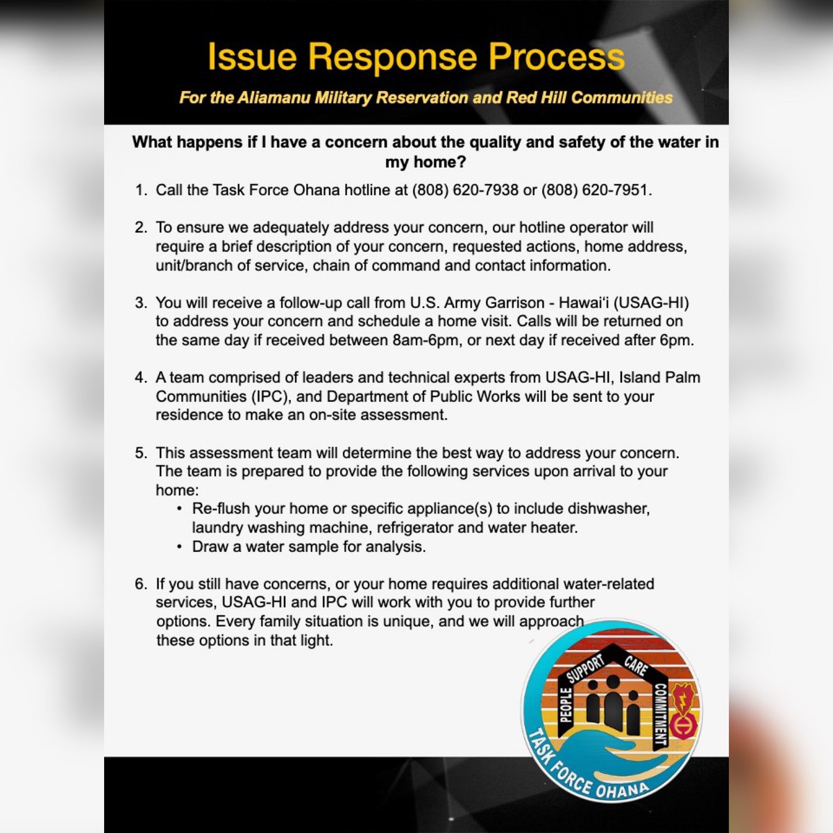 usaghawaii's tweet photo. #TaskForceOhana update: At the request of Red Hill residents, Task Force Ohana tested an additional 17 homes since @HawaiiDOH amended its public health advisory. All 17 test results show the water is clean and safe to drink.
See #thread for more info. https://t.co/zQqnVF7jXC