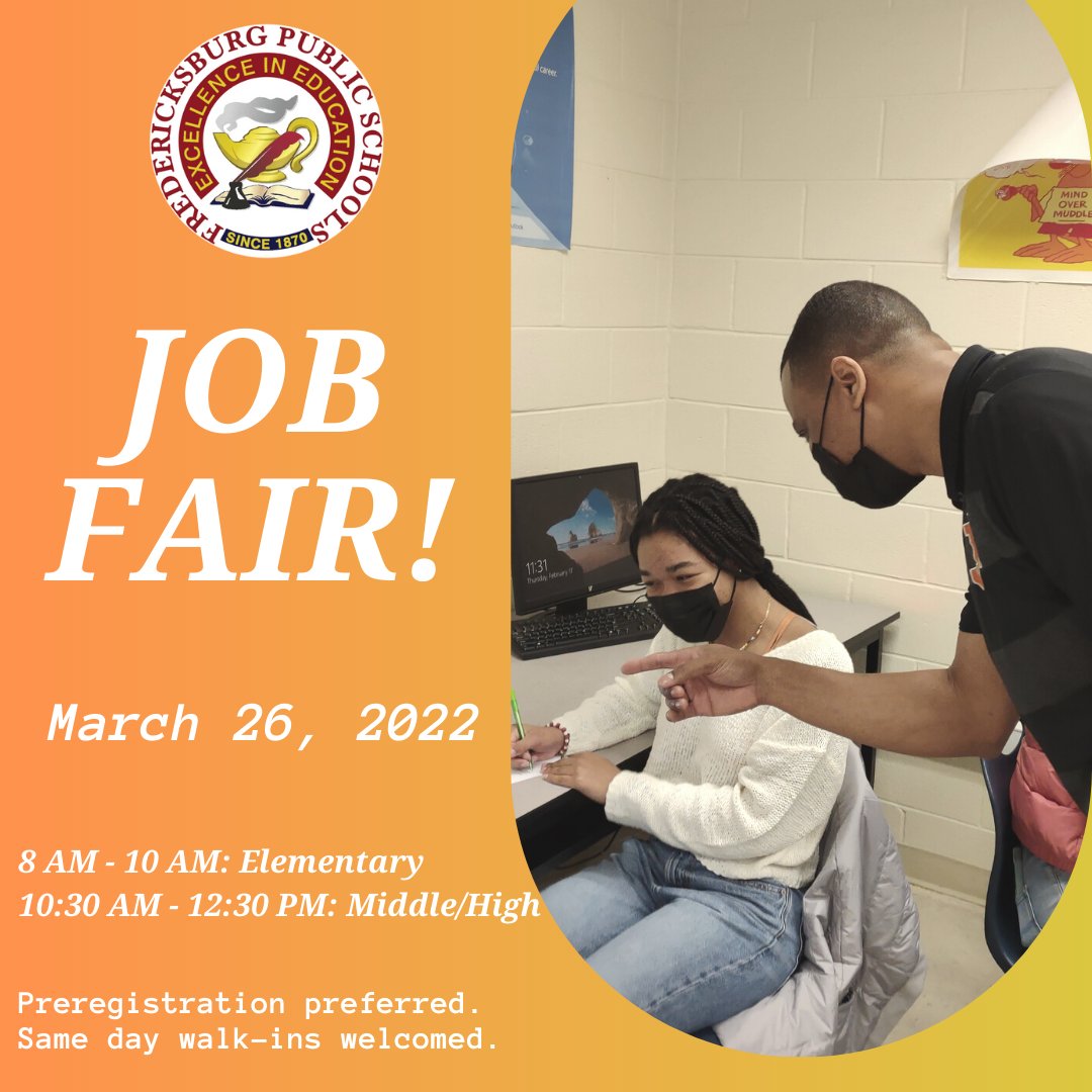 JOB FAIR! 

This job fair is not only for licensed teachers but also for anyone wondering what to do with his or her degree after graduation. 

If you’re interested, please register at ow.ly/Bfy850HSK4X

Additional information: Human Resources at (540)372-1130.

#teachfxbg