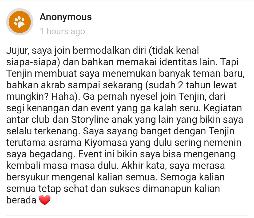 <a href="/tnk_committee/">STAFF.</a> Terima kasih kepada Anon-san yang sudah nekat join Tenjin meskipun tidak kenal siapa-siapa. Pasti banyak juga teman-teman yang bernasib sama, ya? Bagaimanapun cara kalian masuk ke Tenjin, pada akhirnya kita dipertemukan di satu tempat yang sama, menjadi dekat di waktu yang sama.