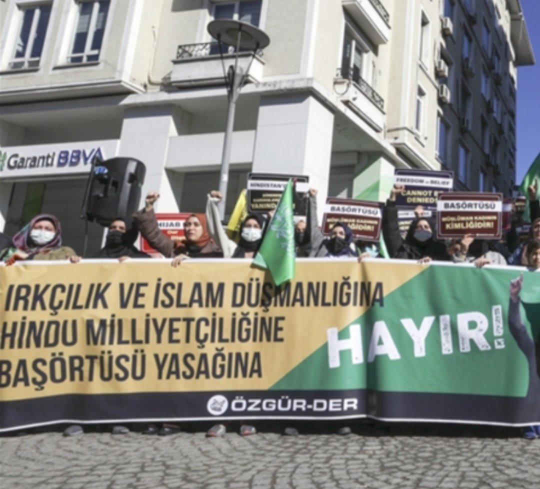 #Turkish human rights groups protest in front of the #IndianConsulate General in the Indian state of #Karnataka against the ban on #Hijab,The speakers said that the ban was the culmination of anti-Muslim tendencies. The 'pressure' on the 200 million Indian Muslims must end.