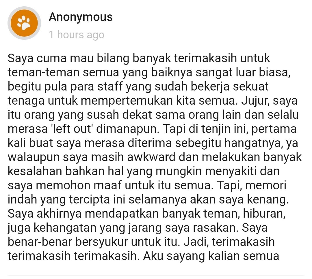 <a href="/tnk_committee/">STAFF.</a> Senang sekali mendengar cerita Anon-san! Kami tentu mengharapkan Tenjin bisa menjadi 'wadah' yang nyaman untuk kalian tinggali dan mencari teman-teman baru! Semangat terus untuk Anon-san juga seluruh warga Tenjin! Semoga ke mana pun tujuan kalian setelah ini, +