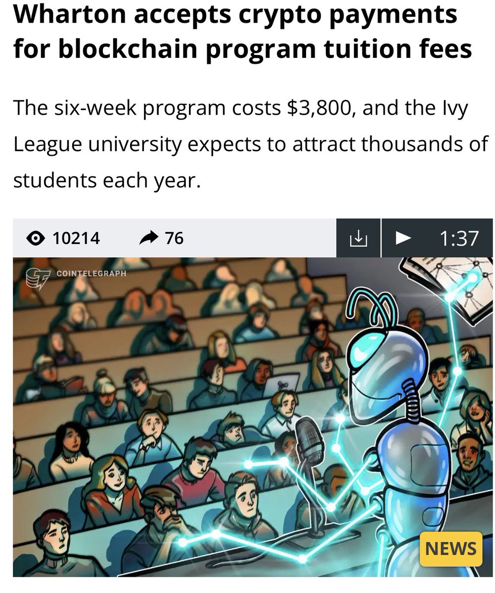 GMCapitalVN's tweet photo. #GMnews The Wharton School, one of the premier business schools in the United States, will accept Bitcoin (BTC) and other forms of cryptocurrencies for tuition fees. https://t.co/rByBuQNSzR