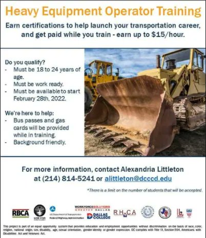 Heavy Equipment Operator Training
Earn certifications to help launch your transportation career, and get paid while you train - earn up to $15/hour.
For more information, contact Alexandria Littleton at (214) 814-5241 or alittleton@dcccd.edu
