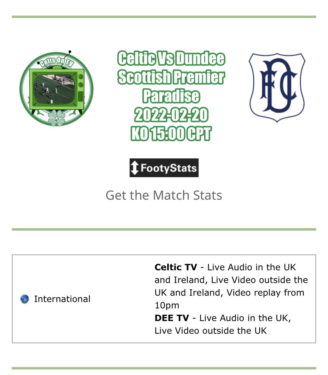 Celtic Vs Dundee 

ALL THE CHANNELS bit.ly/CeltsOnTV

ALL THE STATS bit.ly/CELDUN

Sorry it’s late troops