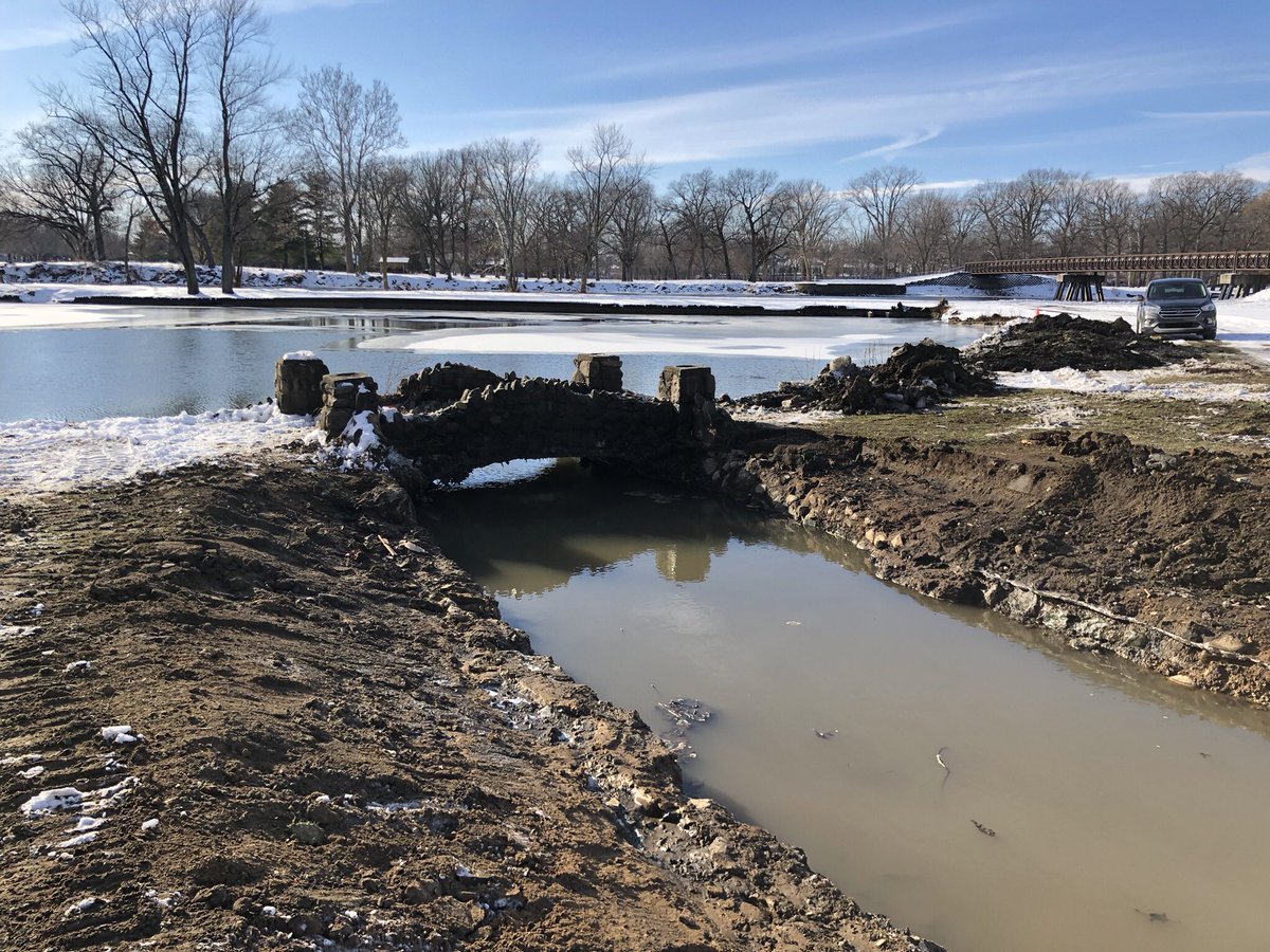 Discovered more 1930s WPA stonework along Willow Creek at Eberhart GC as part of routine ditch maintenance. Unearthed an island, fork of creek, stone bridge &amp; cobble paths. One of a kind, historic treasures made by Mishawaka citizens. So cool!  Thanks County Drainage for work.