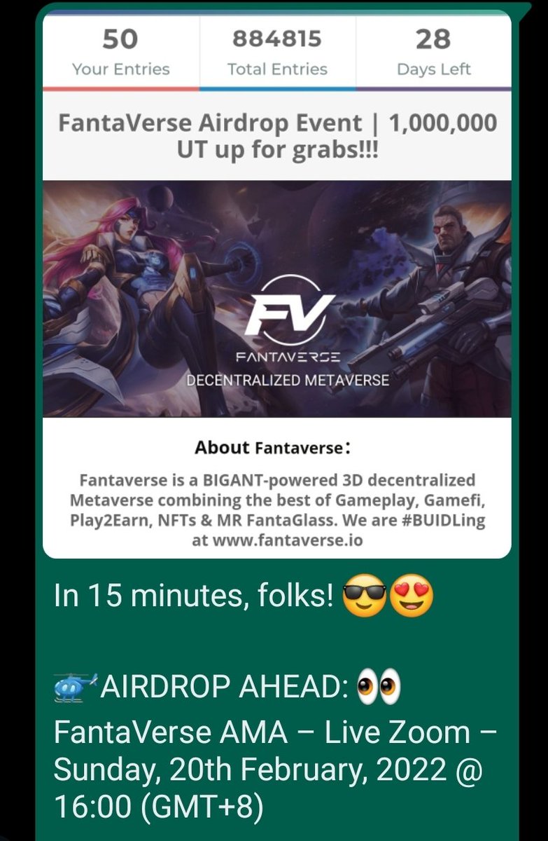 H_22_H's tweet photo. Join👇🏼
https://t.co/RKPWm9RL1Q
FOLLOW TWITTER 👇🏼
@H_22_H
JOIN TELEGRAM 👇🏼
https://t.co/U9kqLf8CxN
WhatsApp group 👇🏼
https://t.co/ba2Ub9hMv6
#AMA #Airdrop #FantaVerse #FantaCoin #UT #InGameNFT #GameFi #NFT #NFTgame #Giveaway #Play2Earn #P2E #Meta #Metaverse https://t.co/I7wnFwykzw