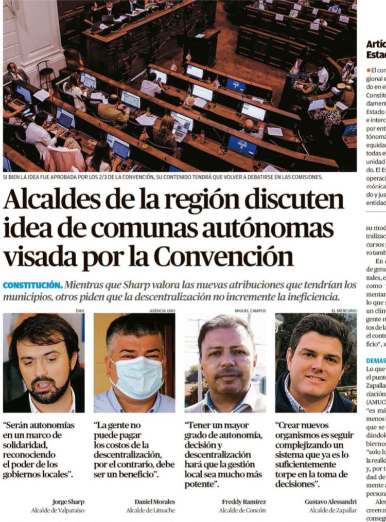 Comparto con ustedes entrevista del <a href="/mercuriovalpo/">El Mercurio de Valparaíso</a> de hoy Domingo sobre la descentralización y el Proceso Constituyente.

"Tener un mayor grado de autonomía, decisión y descentralización hará que la gestión local sea mucho más potente"