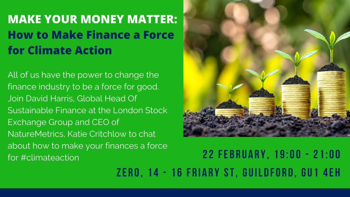 ZeroGuildford's tweet photo. 🌟Great week of events ahead🌟
TUES: global head of sustainability at London Stock Exchange, & CEO of @NatureMetrics talk 'using your finances for #ClimateAction'
WEDS: Improving The Efficiency Of Your Gas Heating System
SAT: Baby & child nearly new sale
#Guildford ⬇️⬇️ https://t.co/q9WsfMvolC