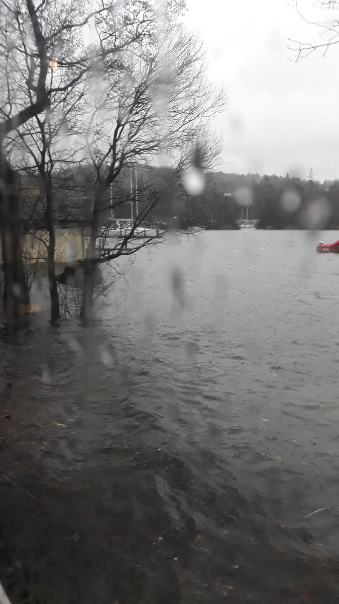 Weather conditions on windermere continue to poor and it's now unlikely that the ferry service will resume today also due to heavy rain lake levels are increasing with a lot of minor flooding on local south Lakeland roads