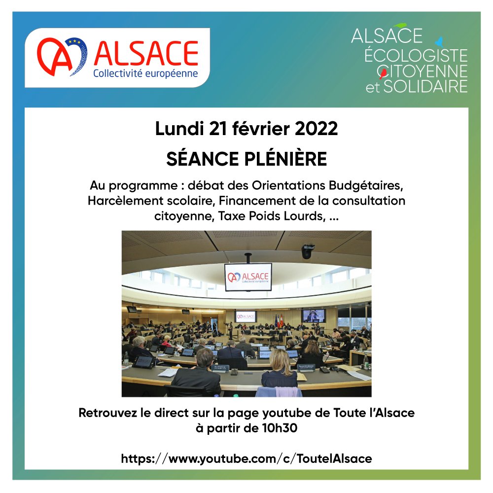 Retrouvez vos élue·s du groupe Alsace Écologiste, Citoyenne et Solidaire lors de la séance plénière de la #CeA lundi matin.
Au programme : Orientations Budgétaires, Taxe Poids Lourds, Harcèlement Scolaire, Financement de la consultation, ...

youtube.com/c/ToutelAlsace…