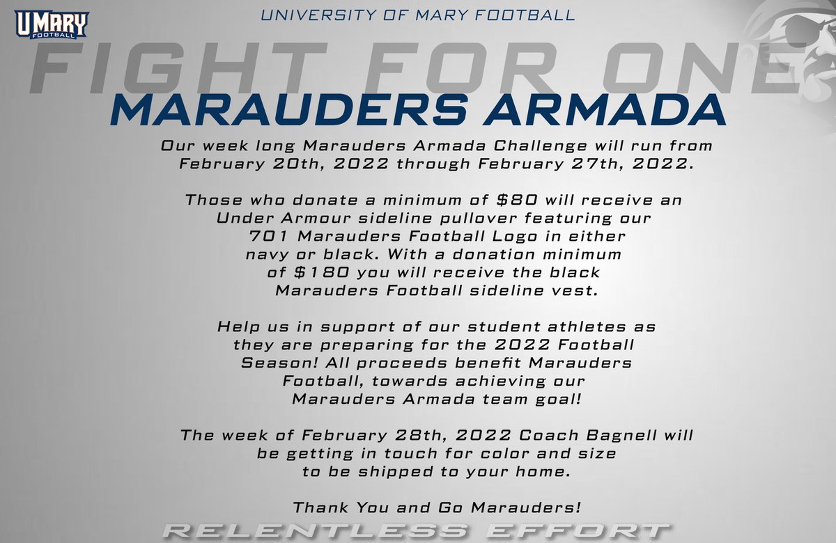 UMaryFootball's tweet photo. 🚨TODAY🚨
Kickoff to the start of Marauders Armada Challenge Week! Those who donate through FEB 27th will have some new @UMaryFootball Apparel sent to their home for the 2022 season! 
Please Join in support of our Scholar Athletes! 

https://t.co/n3ohLzUERb https://t.co/kf1QP58beo