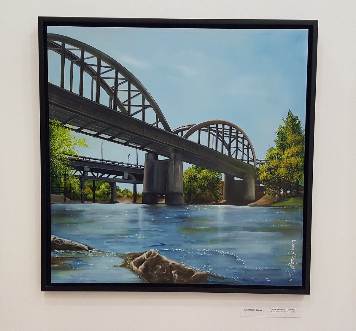relaffitte's tweet photo. Se cumplen 85 años de la inauguración del puente carretero sobre el río Neuquén, que vincula las ciudades de Neuquén y Cipolletti, 20 de febrero de 1937.... Les comparto una pintura que realizó mi esposa Lucía Noemí Suárez en 2019. https://t.co/GfIcfBkY4Z
