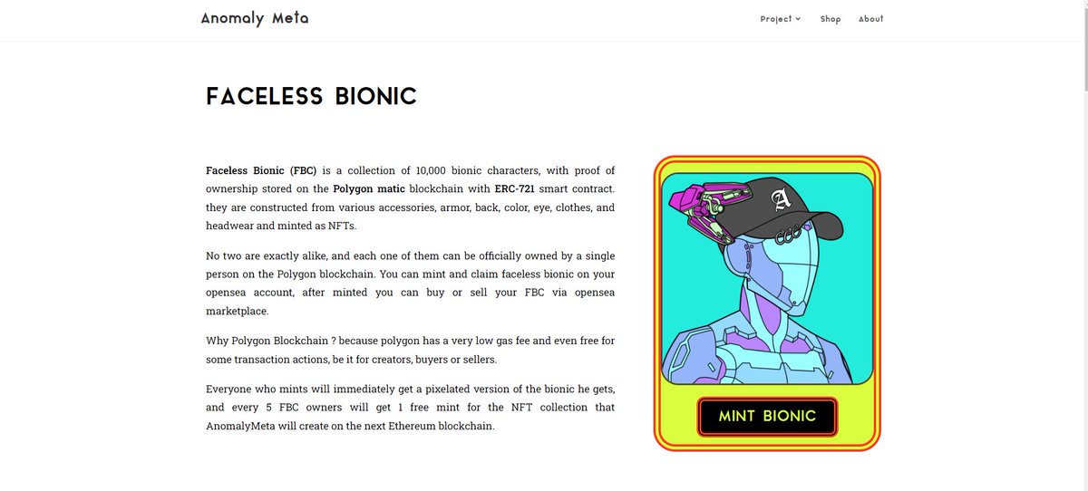 anomalymeta's tweet photo. Faceless Bionic (FBC) Pre-sale Phase (up to 1000 FBC)
(February 19-26, 2022)
Public Mint only 5 Polygon MATIC
mint price will go up after Pre-sale

https://t.co/YWtyIQIjxR

giveaway 5 FBC for 5 lucky accounts who follow, RT and like
#nft #nftcollection #opensea #mintnft #NFTdrop https://t.co/SVdZ4CnmIm