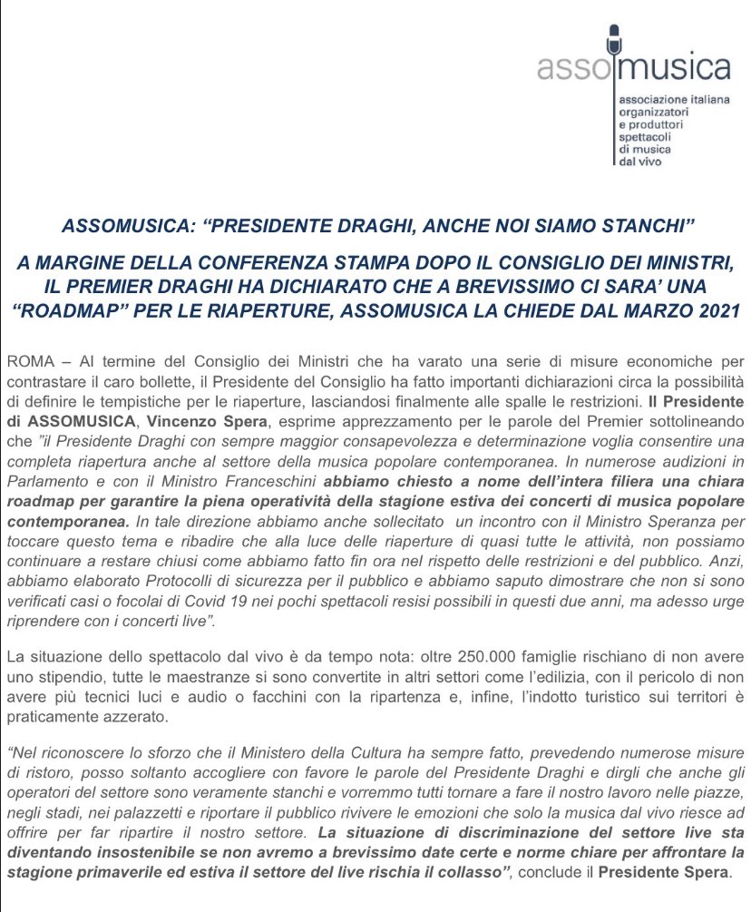 PRESIDENTE DRAGHI ANCHE NOI SIAMO STANCHI, IL SETTORE DEL LIVE RISCHIA IL COLLASSO