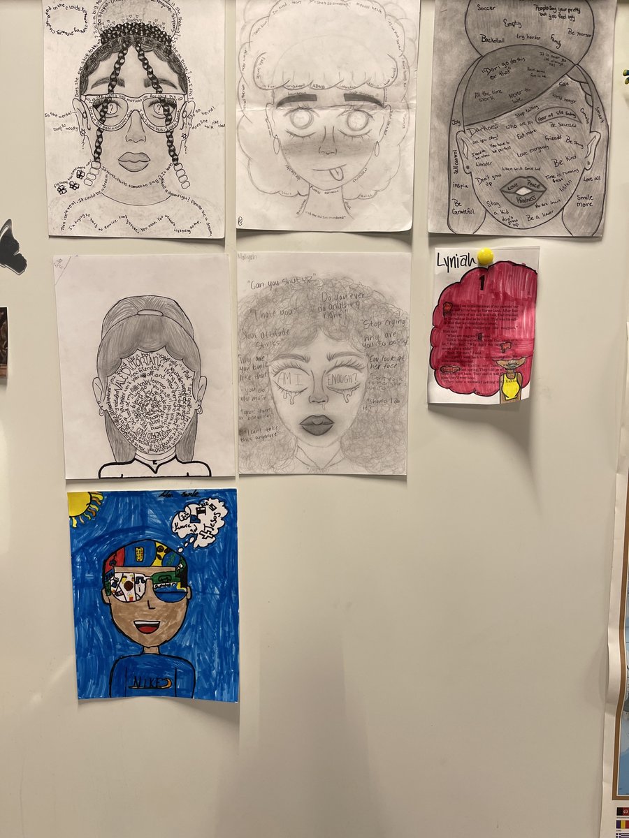 MrsReaton's tweet photo. @SJP2CA Grades 6 and 8 created what is inside their heads as a memoir activity. This is a sampling of their talents! https://t.co/zFP46rVy82