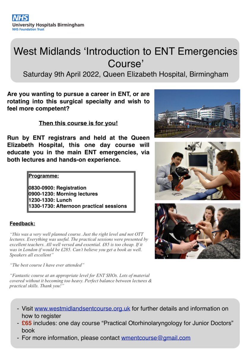 We are running the WMENT emergency course again in April…please encourage colleagues to sign up and spread the word! @EntWatts @gohji_berry @lizrossauc @socialmediaAOT @uhbtrust #meded #teaching #ent