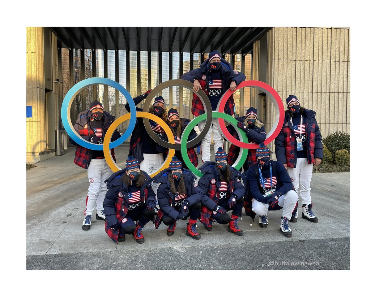 BuffaloWingWear's tweet photo. Team USA 🇺🇸 is again wearing our chicken wing face masks (and Buffalo wing pom beanie in the bottom row) to the closing ceremonies. It helped keep them 'hot' 🔥🍗for the winter Olympics 😆 lol #Olympics2022 #chickenwings https://t.co/8r7OAt0DKQ