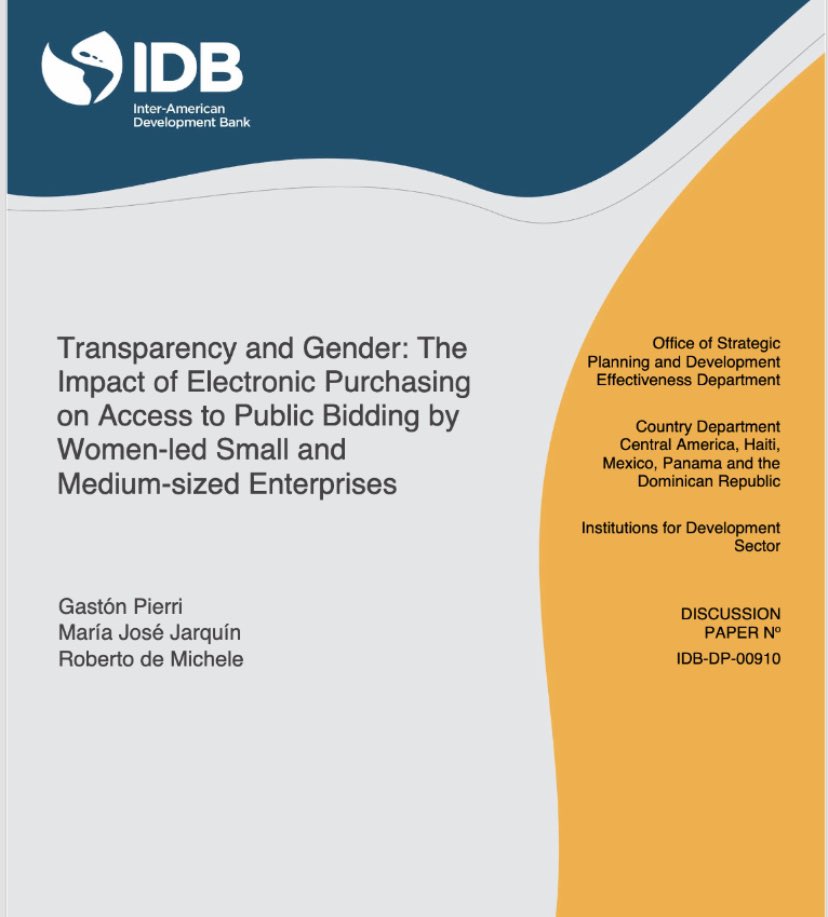 Accelerating #genderparity in #publicprocurement: What can #governments do? 

New #IDB study shows the impact of #COMPRAR platform on the probability that a tender will be awarded to a #womenled company. 

Paper:lnkd.in/eiSUfvW4 

More info: tinyurl.com/Gendercomprar