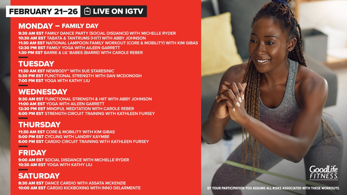 GoodLifeFitness's tweet photo. Kick your workout up a notch with our free Instagram Live classes. With a variety of classes, motivating Instructors and a fun atmosphere — there’s something for everyone! #GoodLifeAtHome https://t.co/YVN77Yxztd