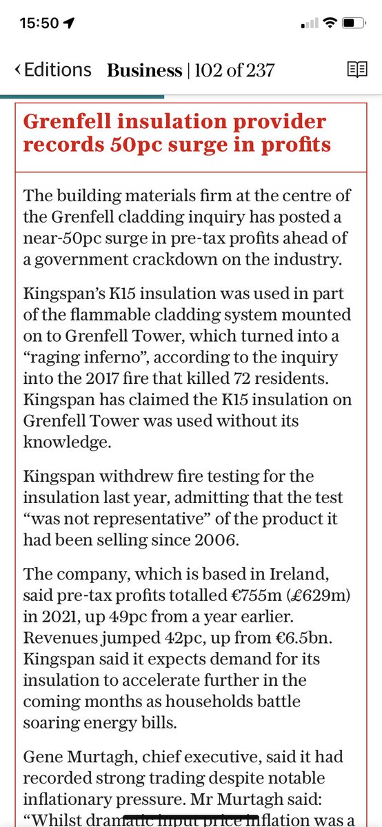 team_greenhalgh's tweet photo. Interesting to note that @KingspanIns_UK profits have surged by 50% to £629m in their last financial year given the company’s contribution to the Building Safety Crisis. #PolluterMustPay principle must include these construction product manufacturers. https://t.co/5t67ryAZCq