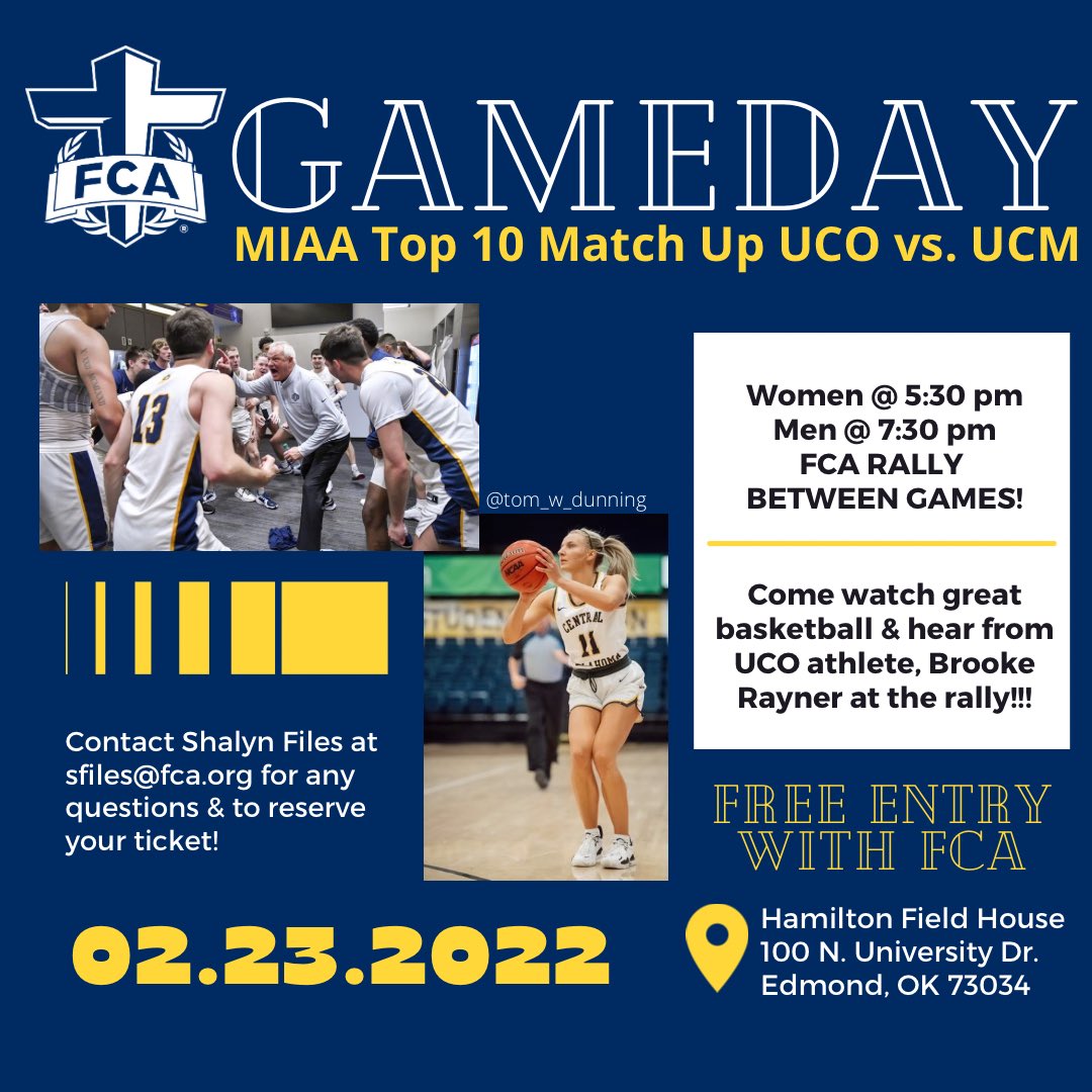Join us for FCA Gameday @ UCO!!! Contact Shalyn Files for ticket information!( sfiles@fca.org ) 

<a href="/OK_fca/">Oklahoma FCA</a> <a href="/UCOWBB/">UCO Women's Basketball</a> <a href="/UCOMBB/">UCO Men's Basketball</a>
