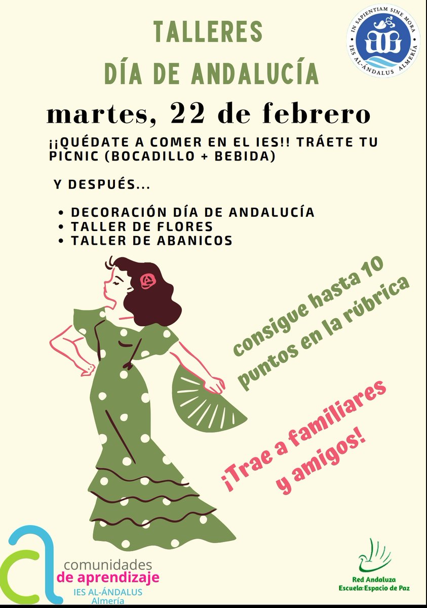 iesalandalusorg's tweet photo. ⚜️🇳🇬BUENOS DÍAS🇳🇬⚜️
Para conmemorar el Día de Andalucía se van a realizar unos talleres en horario de tarde el próximo martes, 22 de febrero. 
Los talleres consisten en decorar al estilo tradicional andaluz el salón de actos y, además, confeccionar abanicos y flores que podrán https://t.co/u2Hah3fWsR