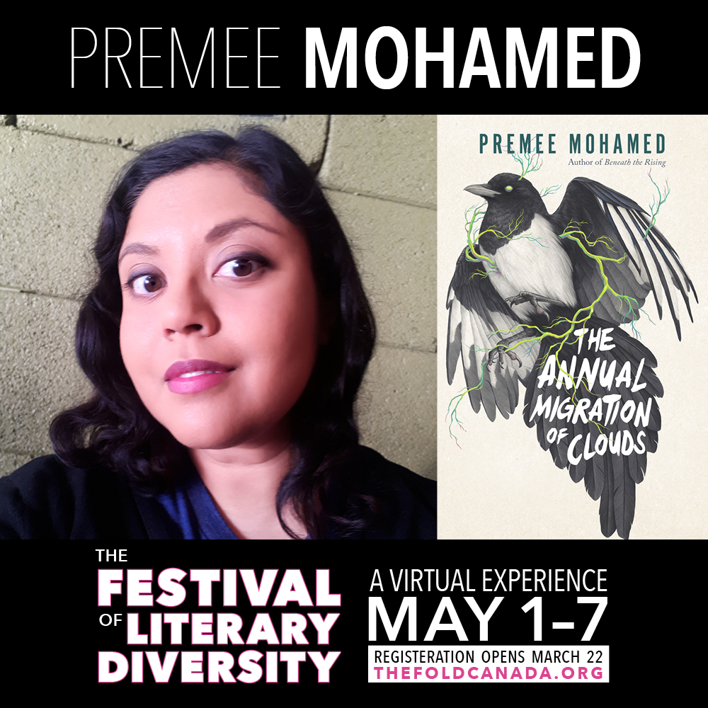 Welcoming Premee Mohamed to the #FOLD2022 roster! She's an Indo-Caribbean scientist &amp; author of several novels and novellas. Her latest THE ANNUAL MIGRATION OF CLOUDS is out now w/ <a href="/ecwpress/">ECW Press</a>. Don't miss her at the FOLD this year—registration is Mar 22 at thefoldcanada.org!