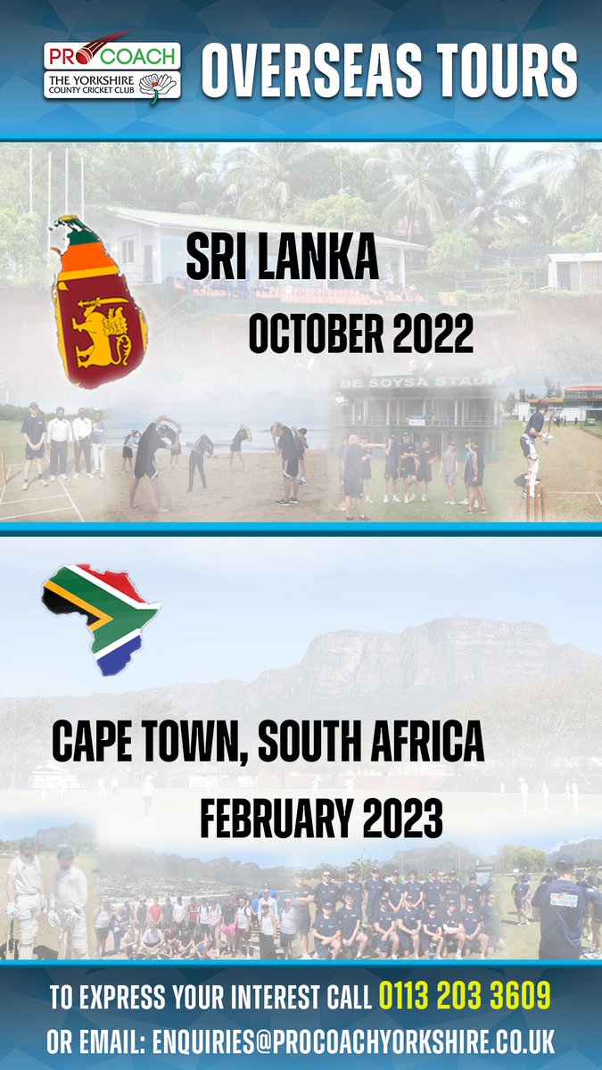 Yorkshire Cricket Coaching π (@yorkscoaching) on Twitter photo Exciting times; We are finalising itineraries for 2 upcoming #cricket tours
Weβre heading back to Sri Lanka this coming October, & return to Cape Town, South Africa for February 2023.
To register your interest- call us on 0113 2033609 or email: enquiries@procoachyorkshire.co.uk Exciting times; We are finalising itineraries for 2 upcoming #cricket tours
Weβre heading back to Sri Lanka this coming October, & return to Cape Town, South Africa for February 2023.
To register your interest- call us on 0113 2033609 or email: enquiries@procoachyorkshire.co.uk